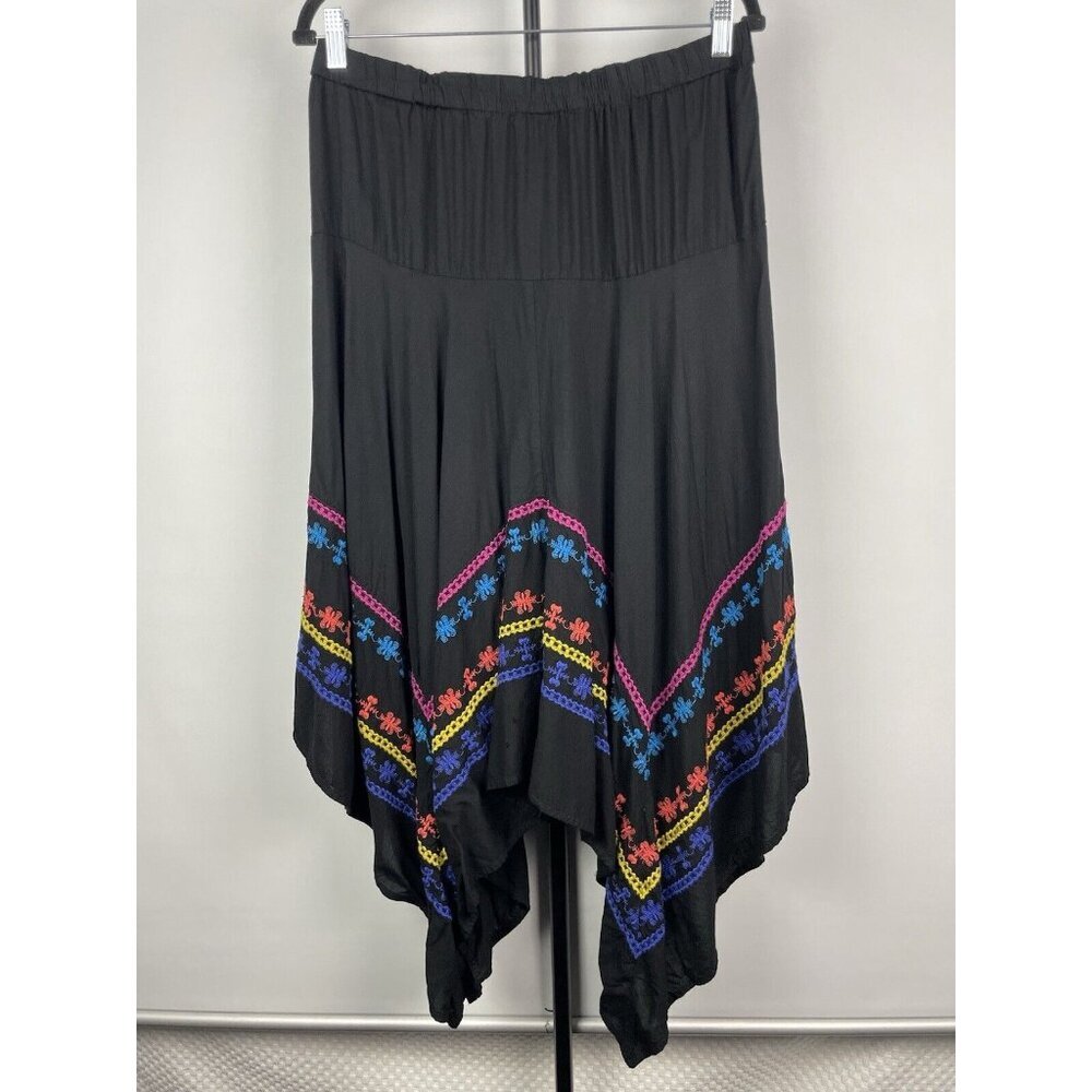 Azel Hazel Black Colorful Embroidered‎ Handkerchief Hem Elastic Waist Skirt Sz L